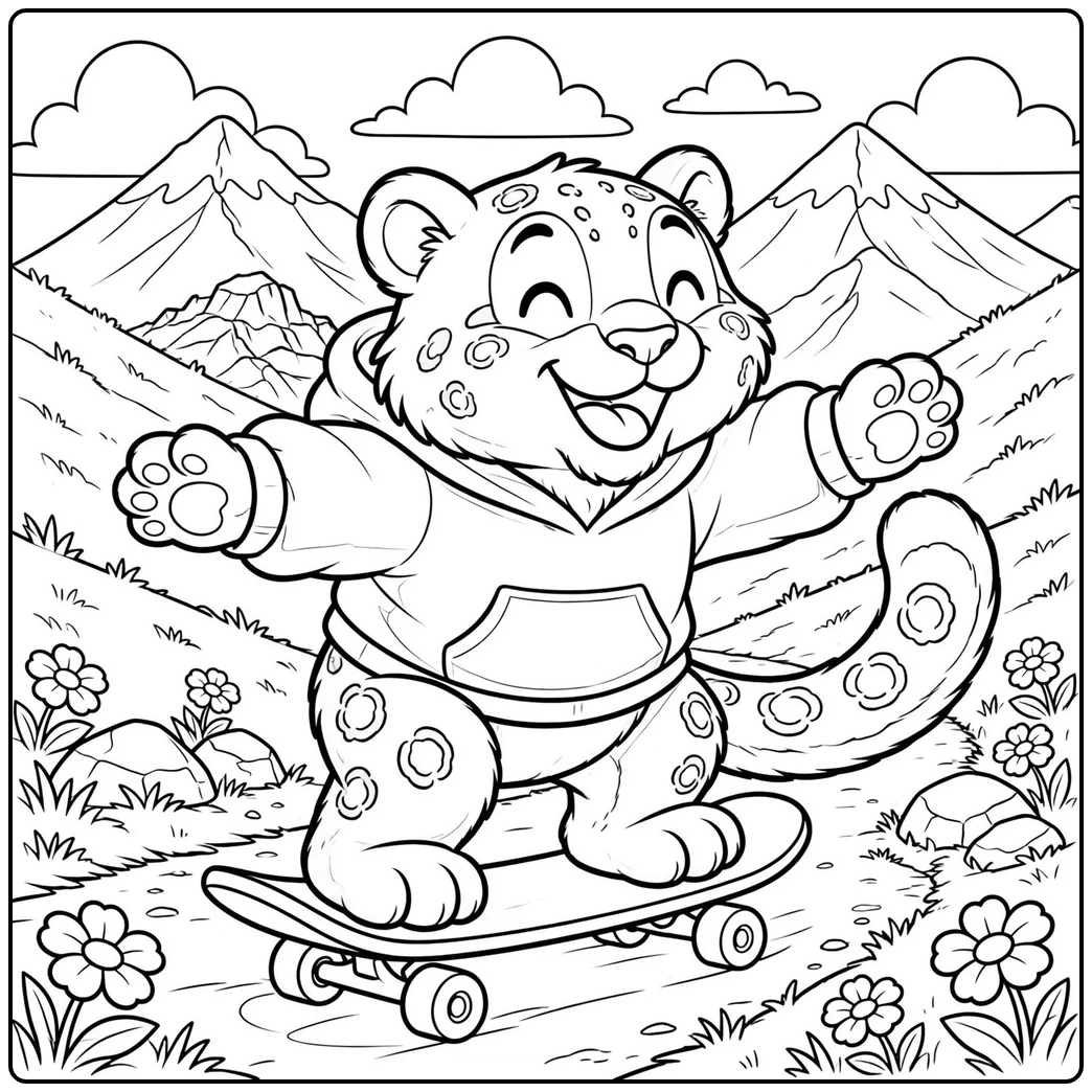 A happy snow leopard riding a skateboard in a snow leopard coloring page