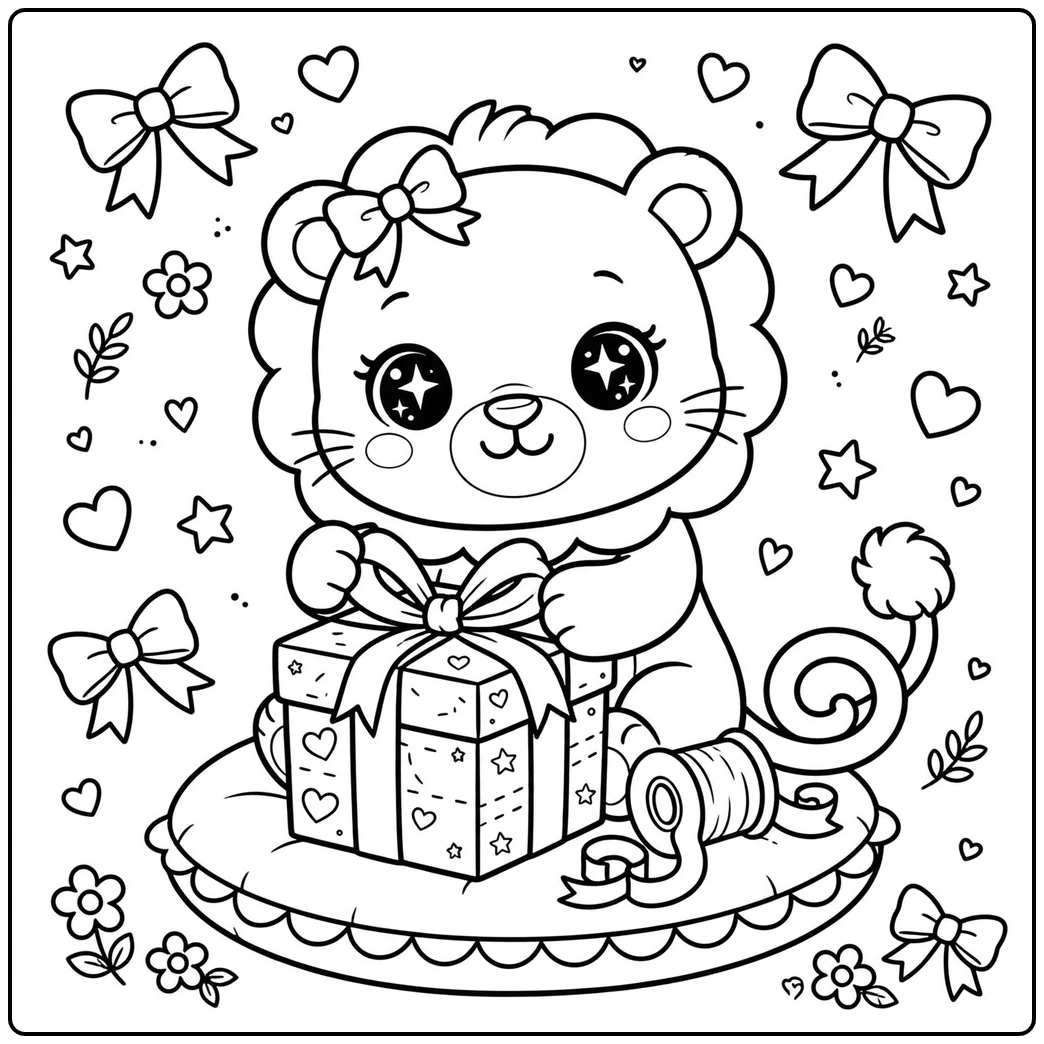 Sparkling-eyed lion wraps a ribboned gift among hearts, bows, stars, and flowers