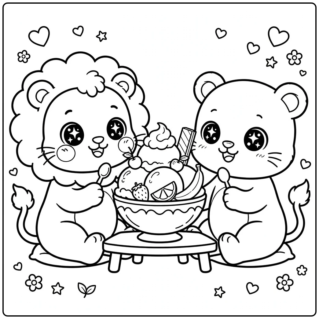 Two sparkling-eyed lions share a giant sundae in a kawaii lion coloring page