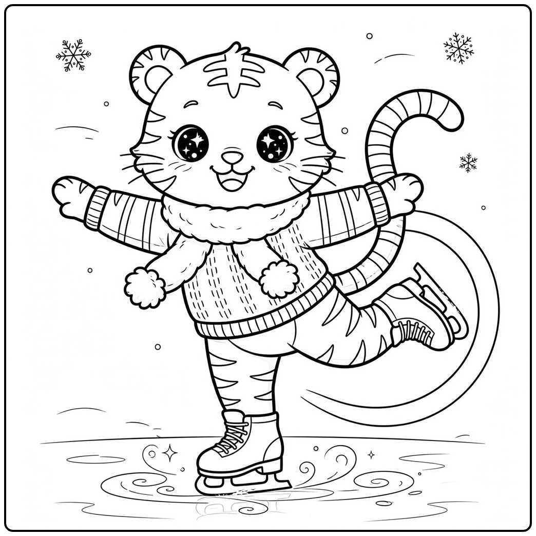 Kawaii tiger ice skater gliding on one foot with scarf and sparkling eyes