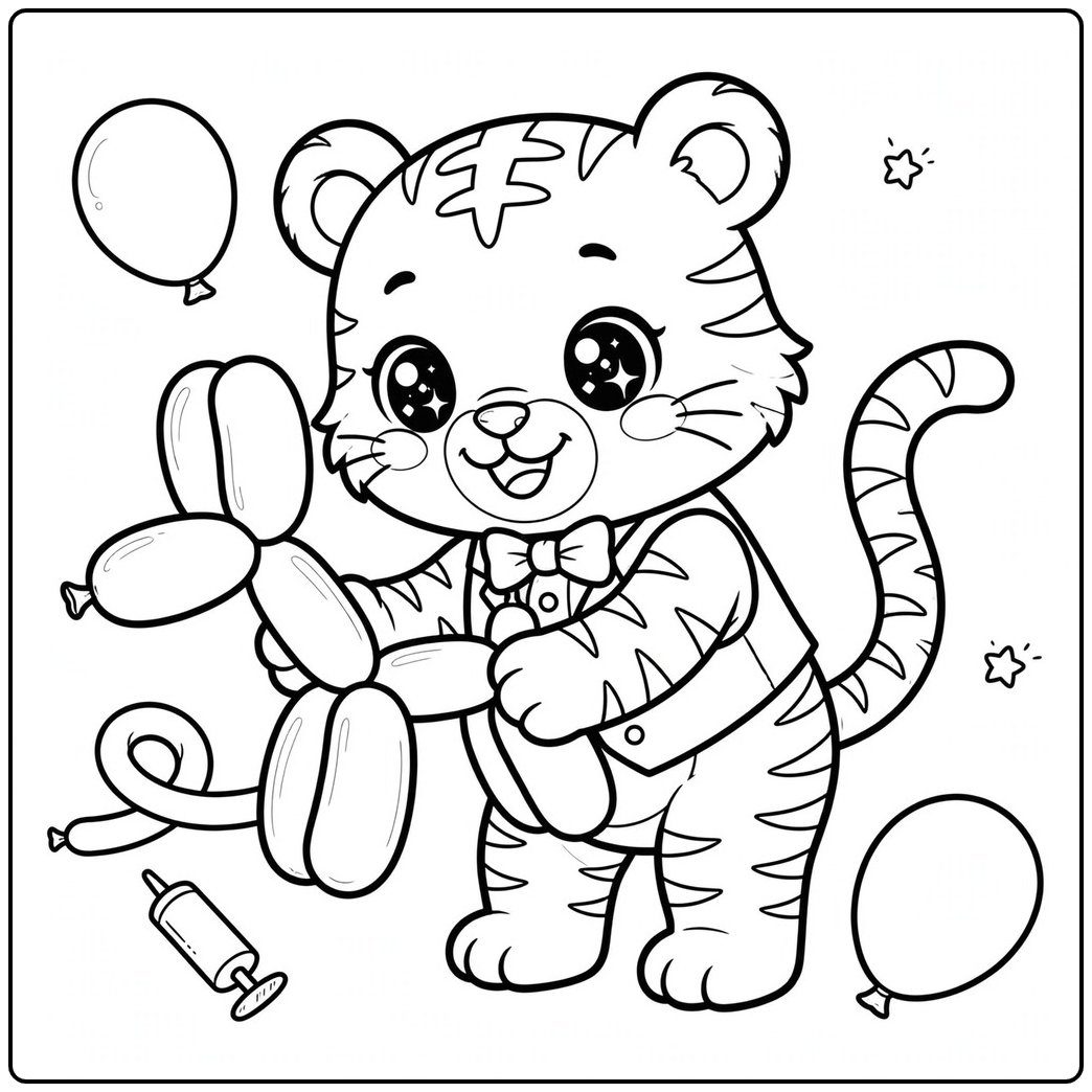 Kawaii tiger coloring page of a balloon artist twisting a balloon animal