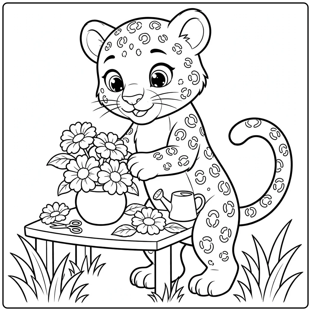 Friendly upright leopard arranges a flower bouquet beside a watering can and scissors