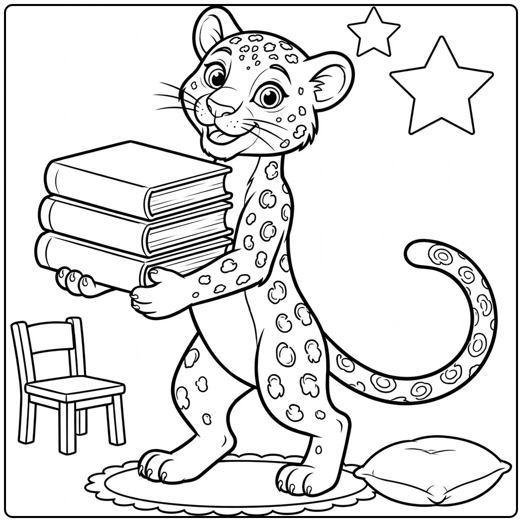 Smiling leopard carries three books in an easy leopard coloring page with a chair