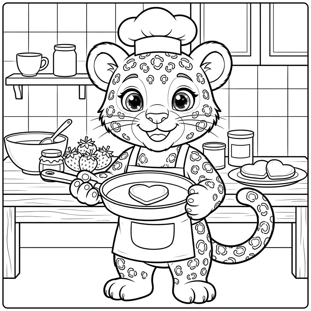 Smiling leopard chef holds a pan with a heart pancake in a busy kitchen
