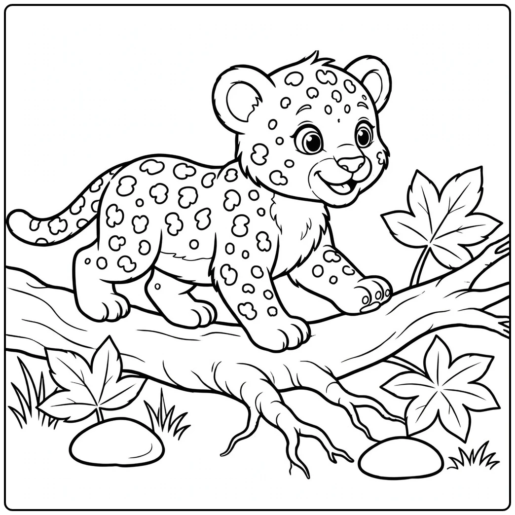 Young leopard cub carefully walking across a tree branch above leaves and stones