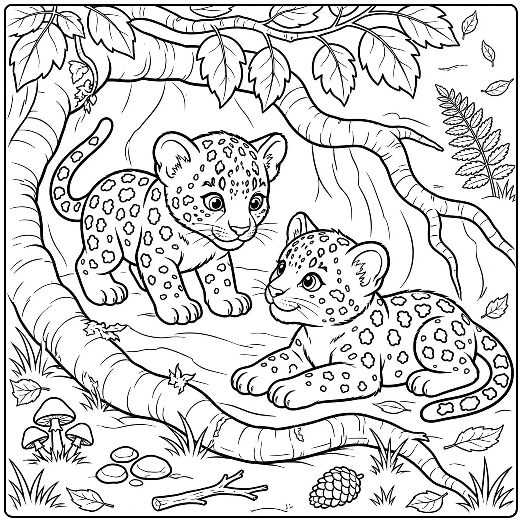 Two young leopard cubs explore exposed tree roots beneath a leafy forest canopy