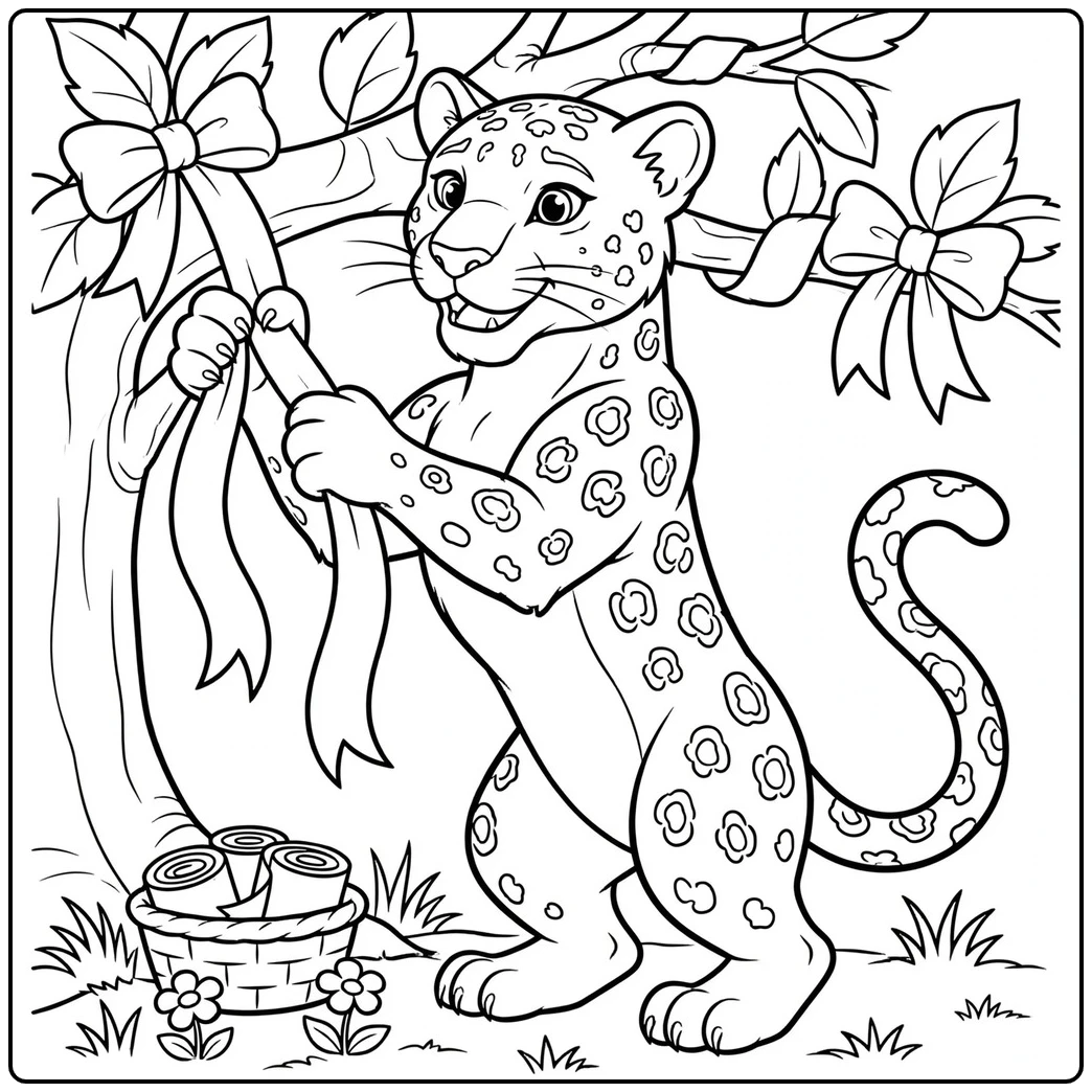 Upright leopard decorates a tree with ribbons, bows, and a basket nearby