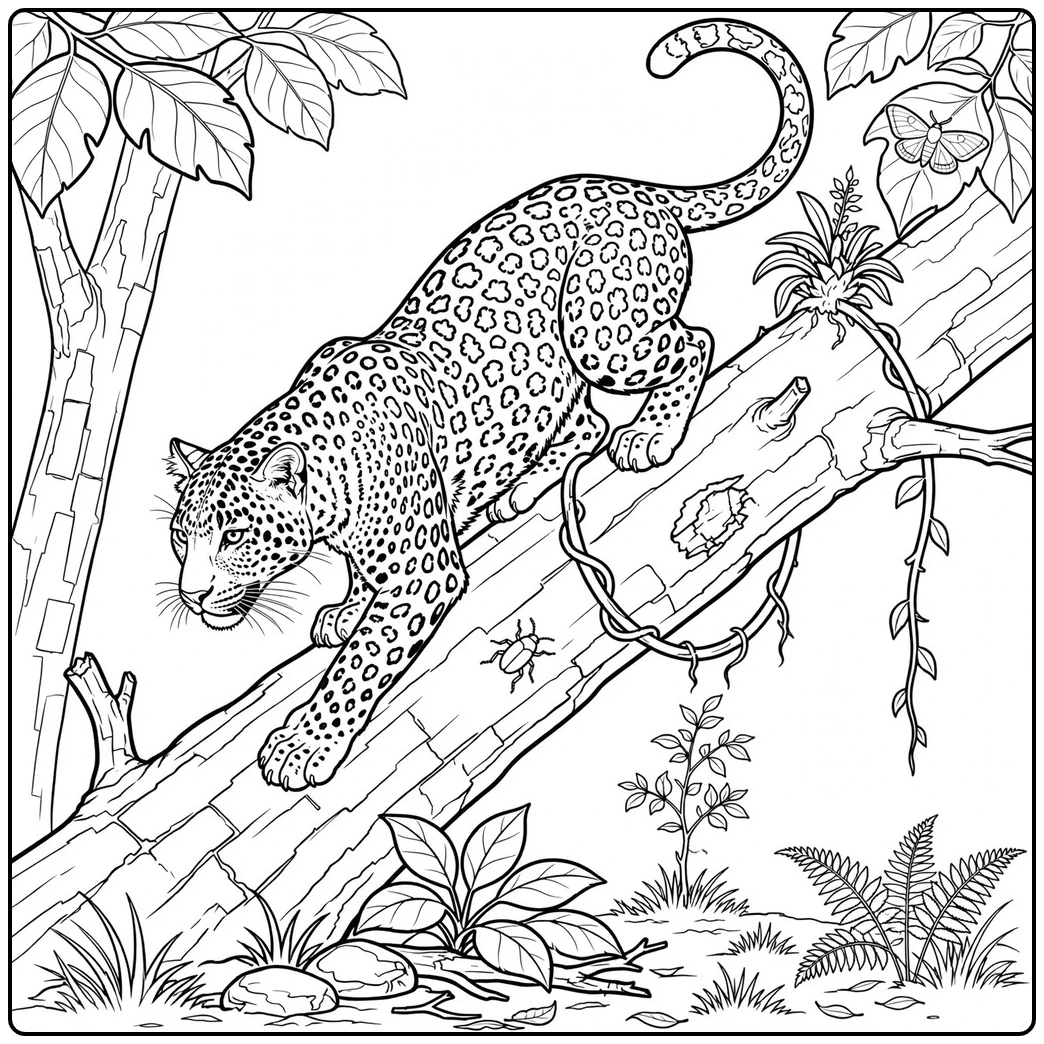 Adult leopard carefully descends a sloping tree trunk among vines, ferns, and broad leaves