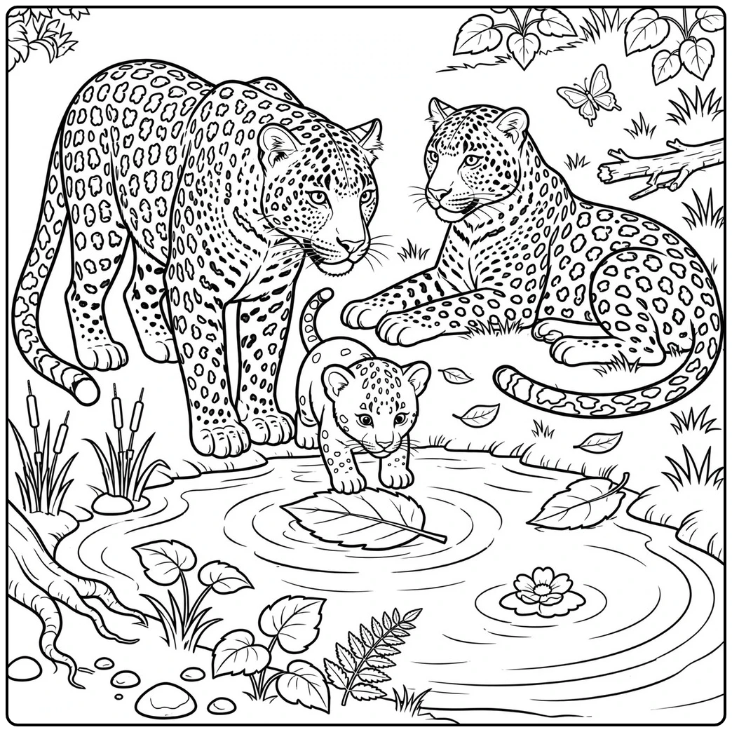 Two adult leopards watch a young cub explore floating leaves at a shallow waterhole