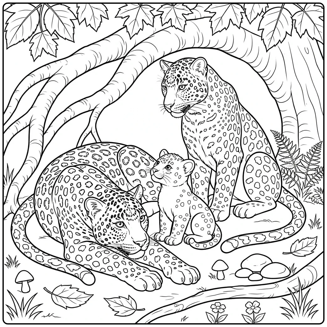 Two adults and one cub rest beneath tree roots in family leopard coloring pages