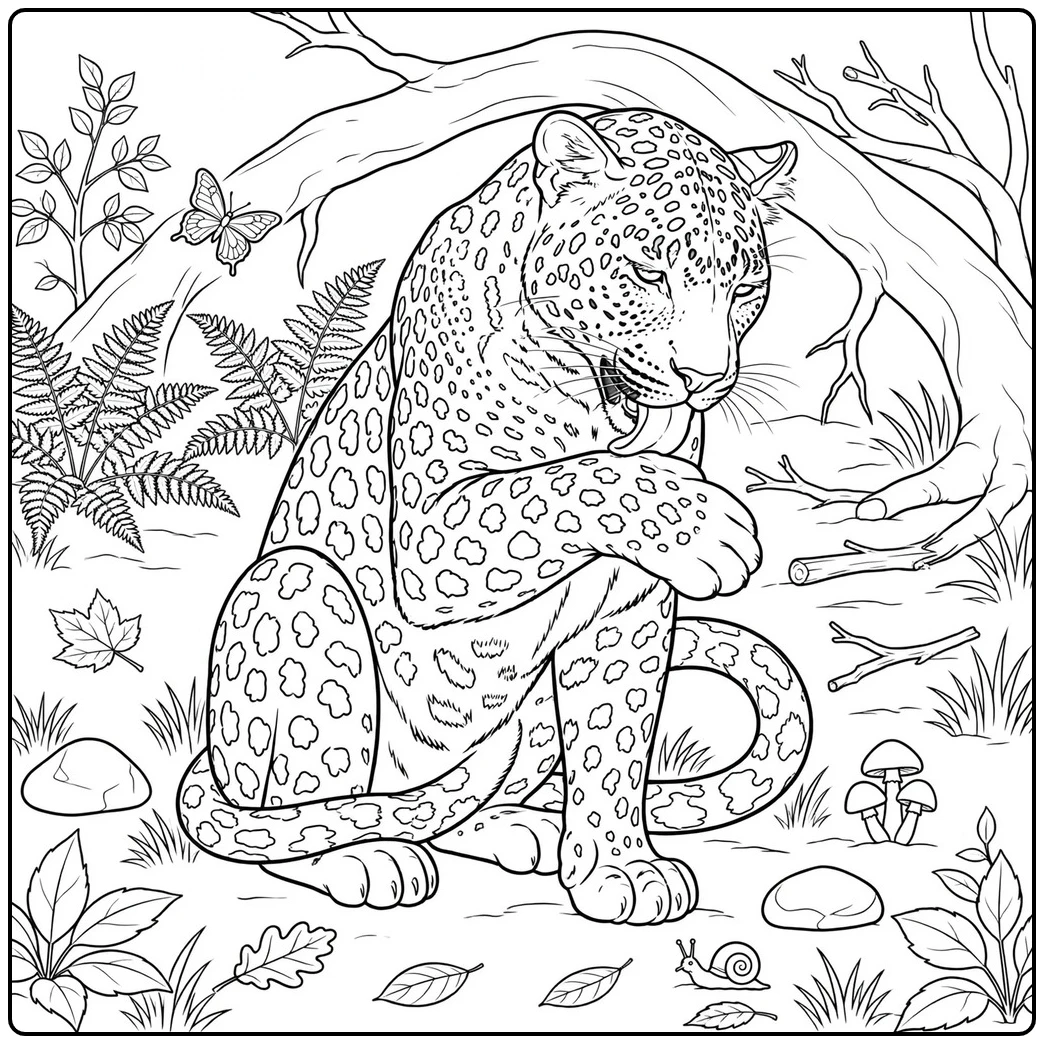Seated leopard grooms its foreleg on a woodland floor with mushrooms, leaves, and a snail
