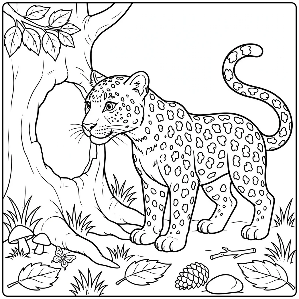 Adult leopard explores a tree hollow in detailed leopard coloring pages with forest plants