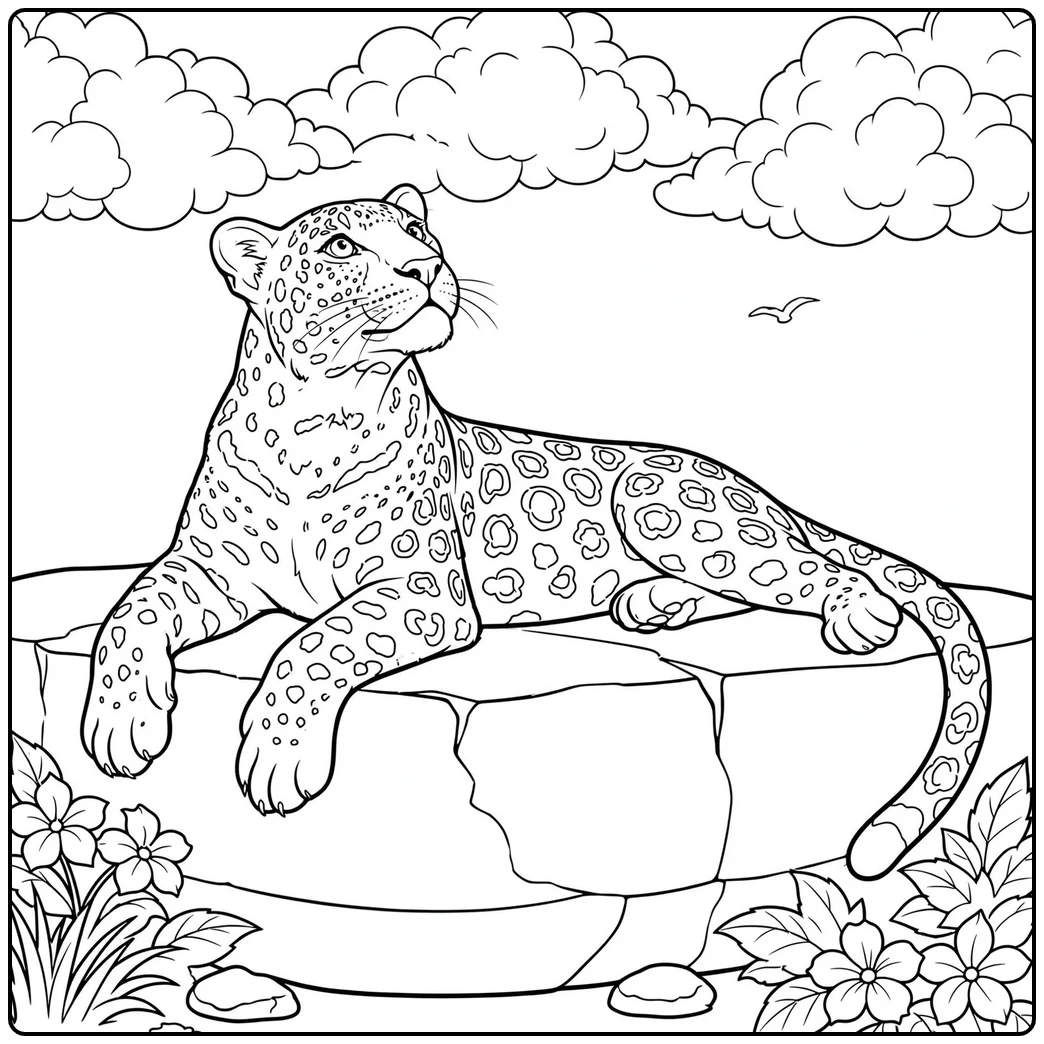 Resting leopard stretches across a wide rock ledge while gazing toward drifting clouds