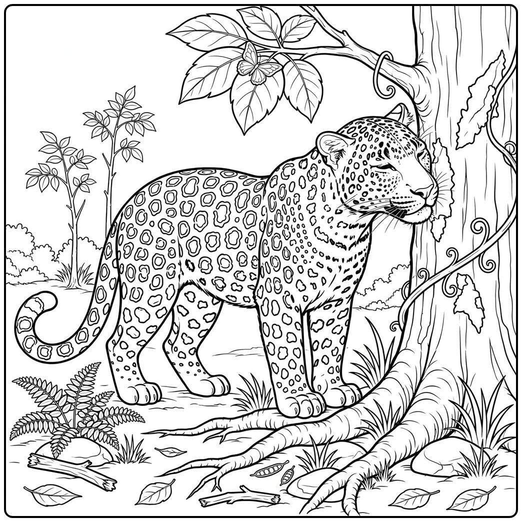 Leopard rubs its cheek on a tree in a realistic leopard coloring page with exposed roots