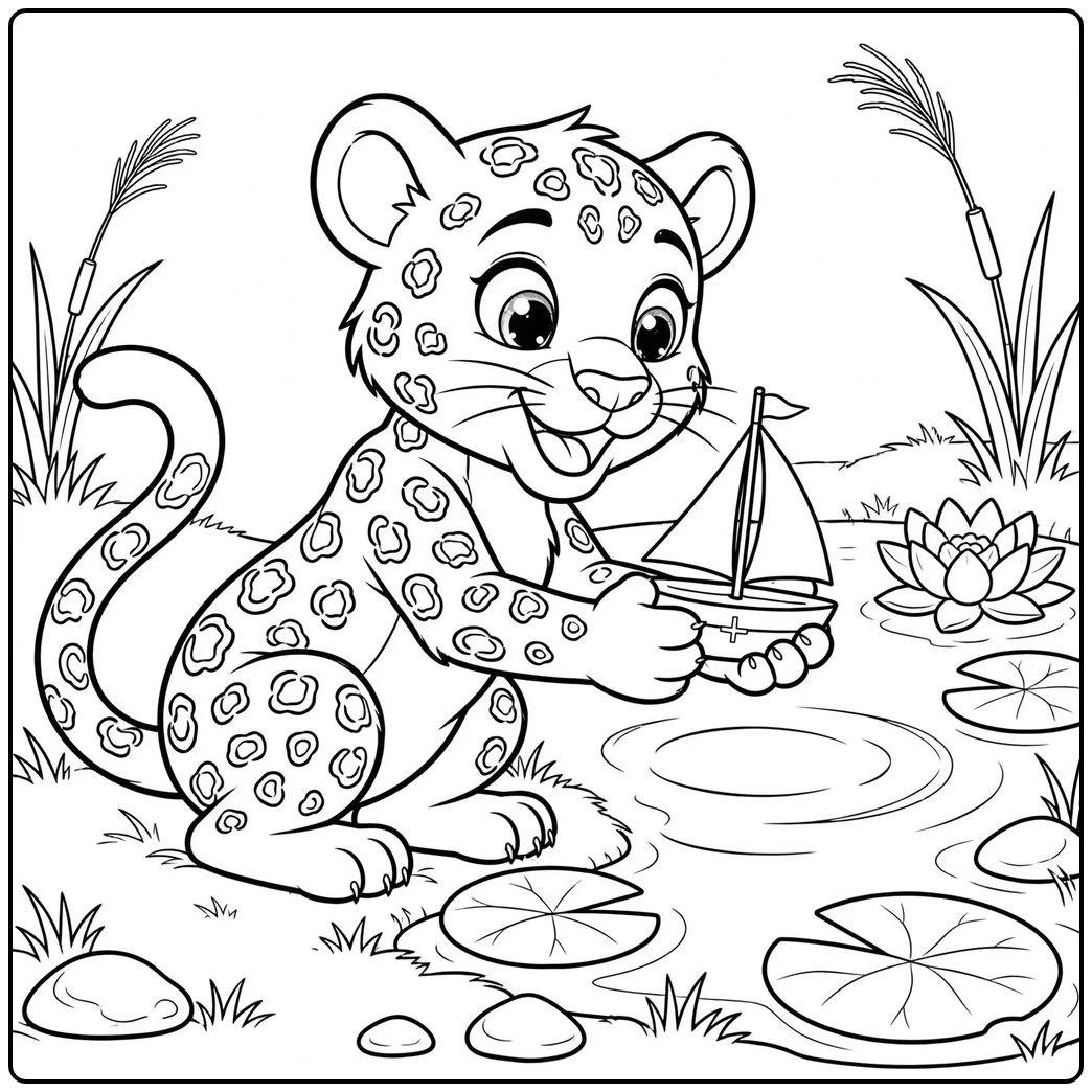 Smiling leopard holds a toy sailboat beside a pond with lily pads and reeds