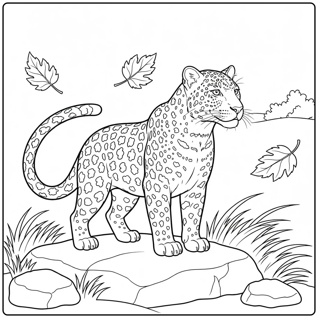 Adult leopard standing on a rocky ledge in a leopard coloring page for kids