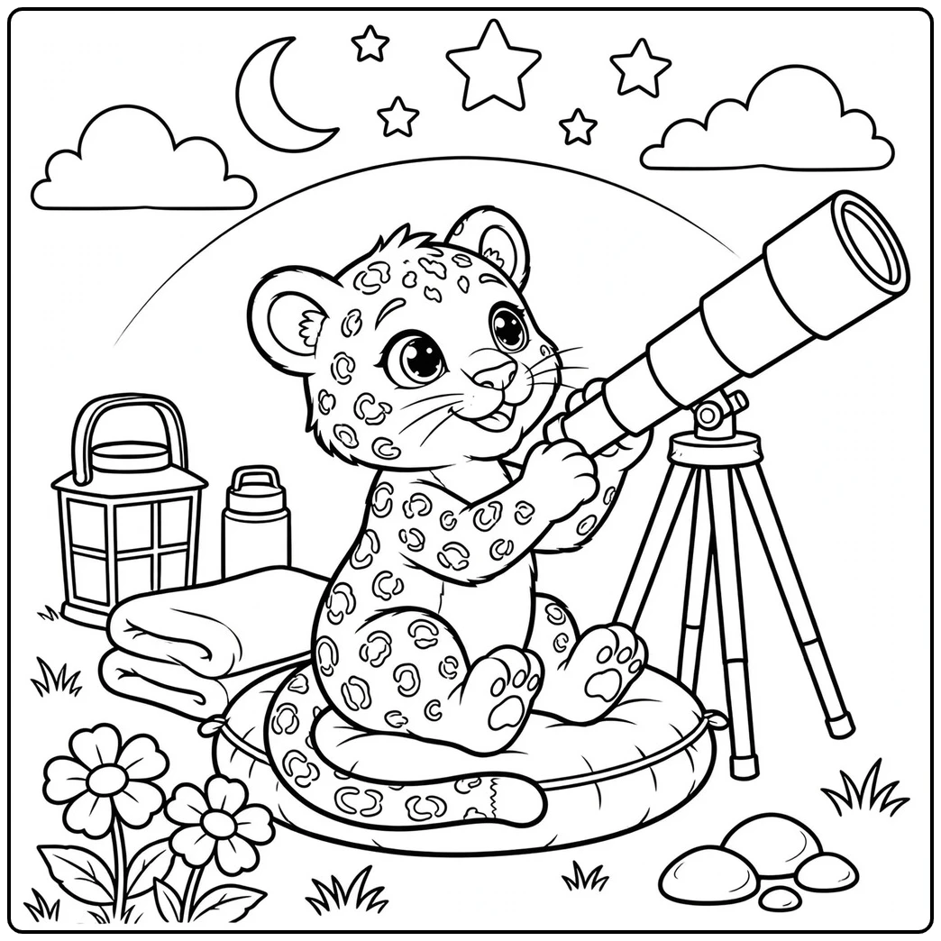 Starry-eyed leopard uses a telescope beside a lantern under the moon and stars
