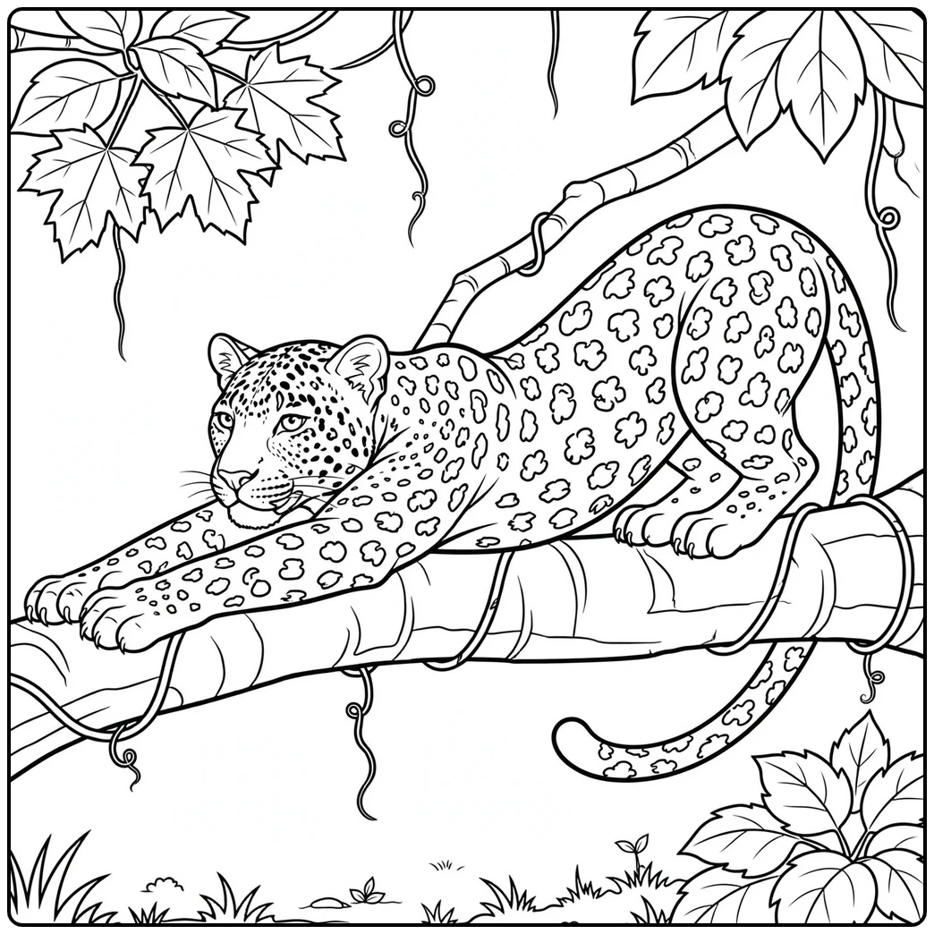 Spotted leopard stretches across a thick tree branch surrounded by vines and leaves