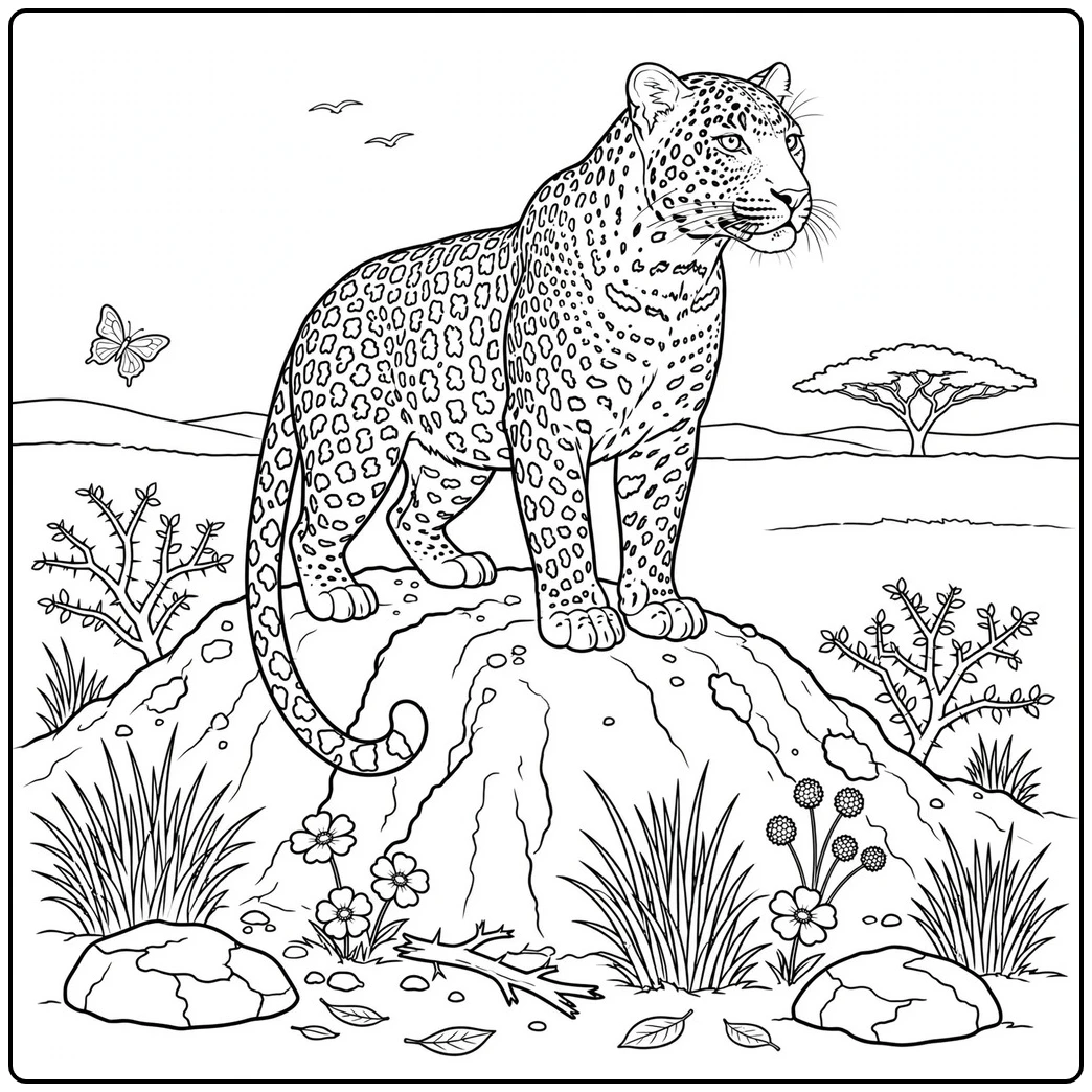 Alert adult leopard stands atop a rocky mound overlooking an open savanna landscape