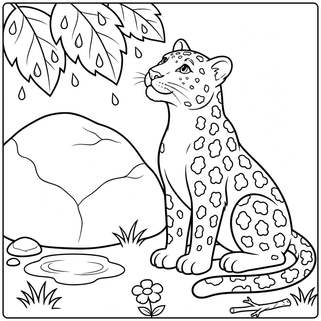 Seated leopard watches raindrops fall from large leaves beside a boulder and puddle