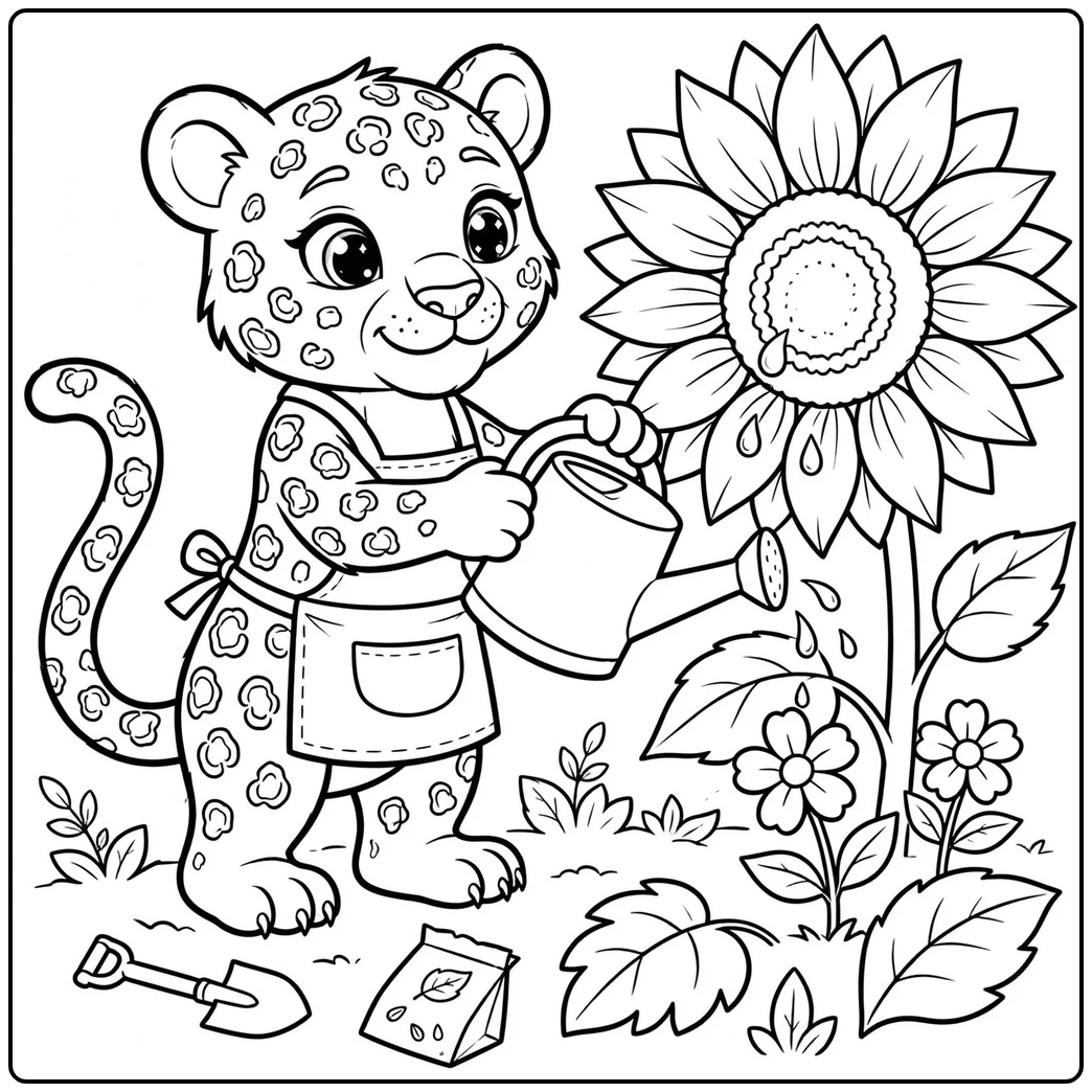 Gardening leopard waters a giant sunflower in a cute leopard coloring page