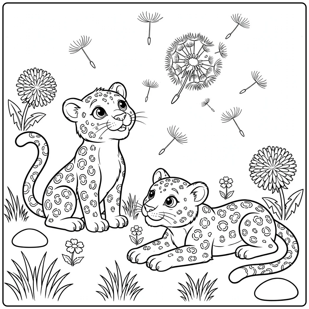 Two spotted leopards watch drifting dandelion seeds in a sunny meadow