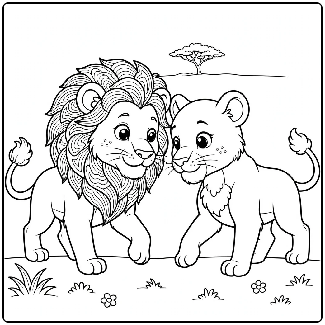 Two lions approach gently in a lion and lioness coloring page with simple savanna scenery