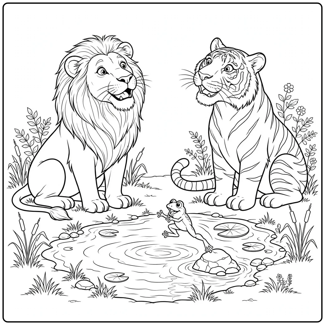 Male lion and tiger sit beside a pond as a small frog leaps from a rock