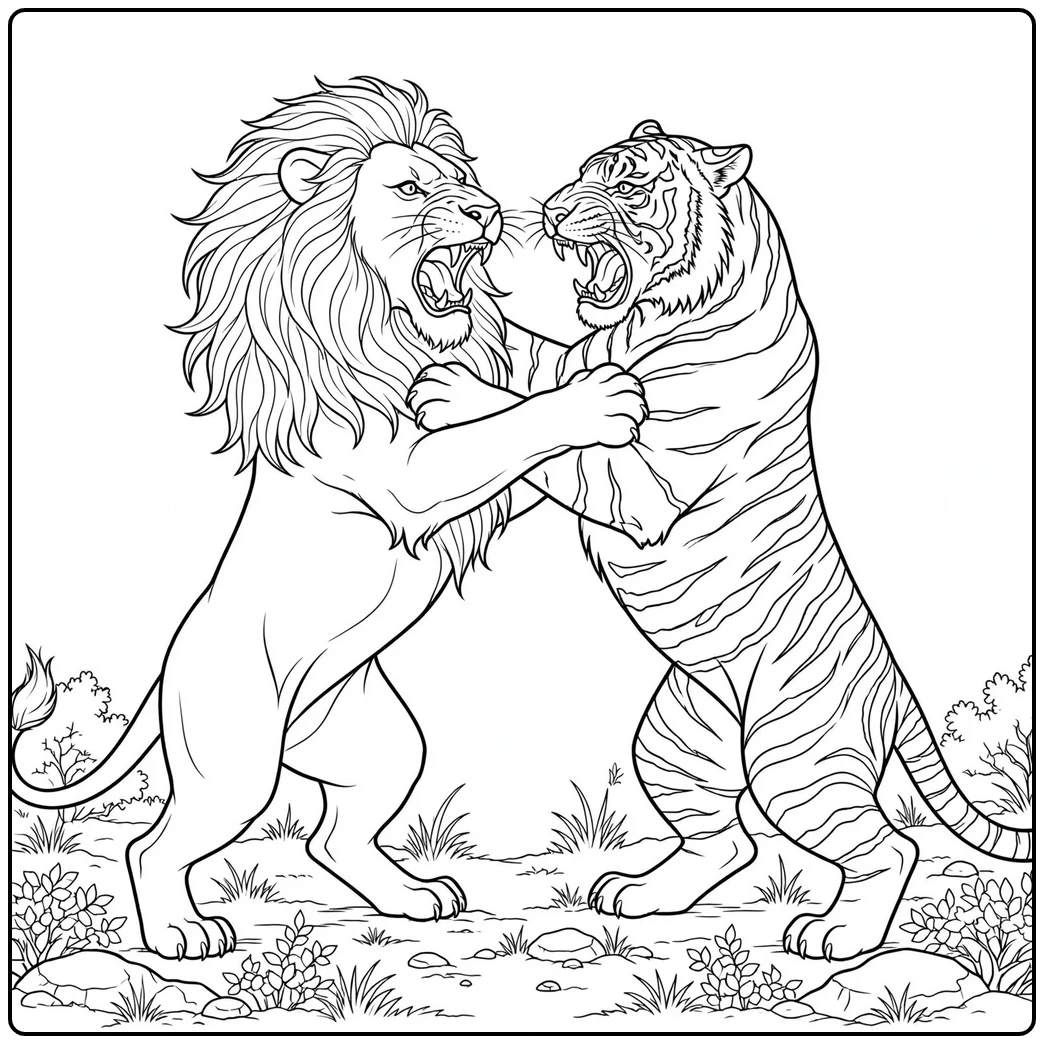 Roaring lion and tiger wrestle upright with their front paws locked together
