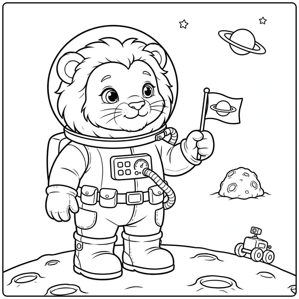 Lion astronaut holds a small flag on the moon in a lion coloring page