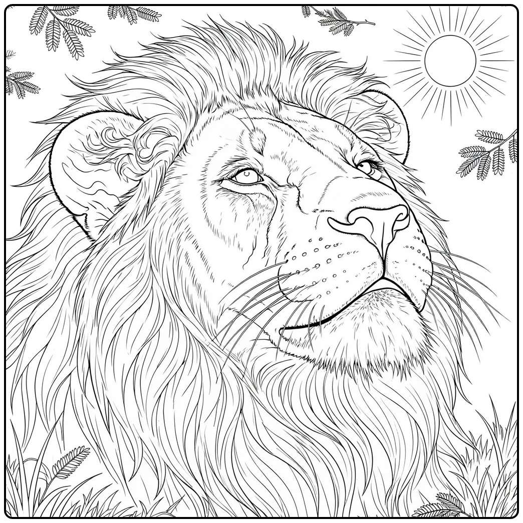 Male lion lifts his face toward the sun with a richly textured flowing mane