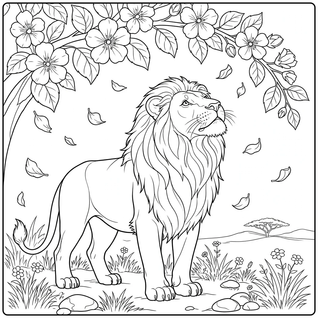 Standing lion looks up at falling petals beneath a flowering branch