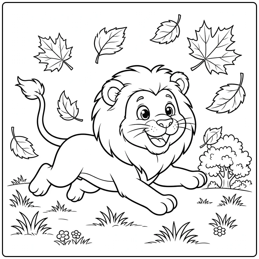 Cartoon male lion runs through falling leaves in a cheerful autumn grassland scene