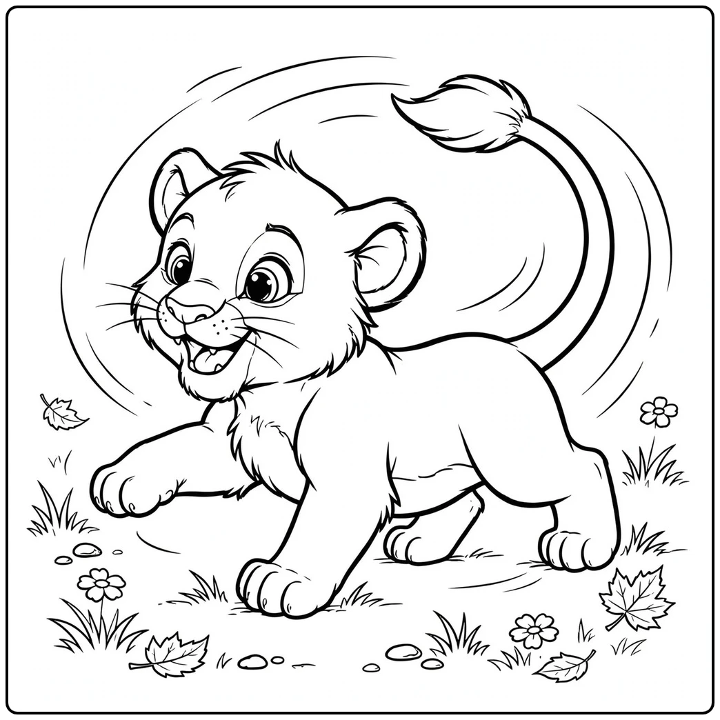 Playful lion cub spins after its tail among fallen leaves in a lion coloring page