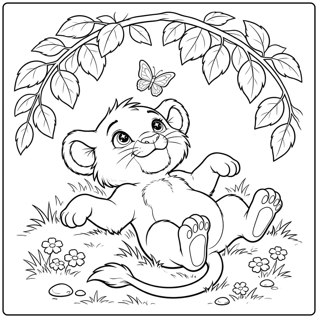 Relaxed lion cub lies on its back beneath leafy branches watching a butterfly