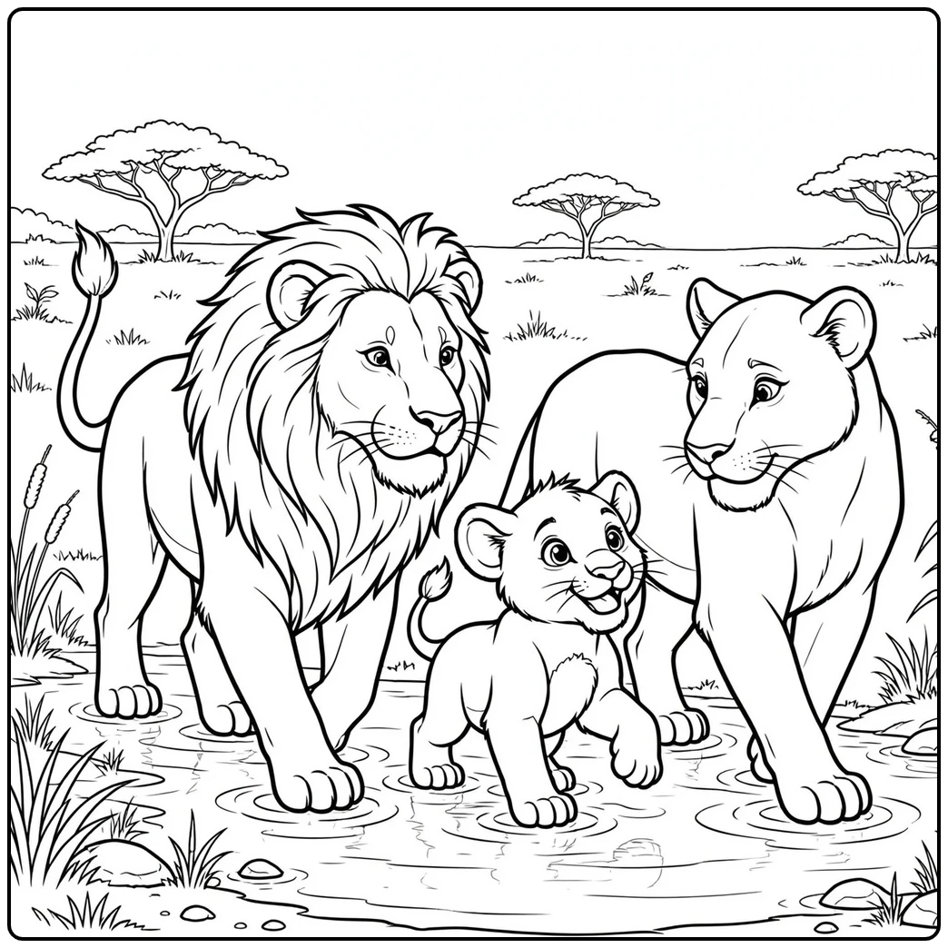 Lion parents walk through shallow water with their smiling cub between them