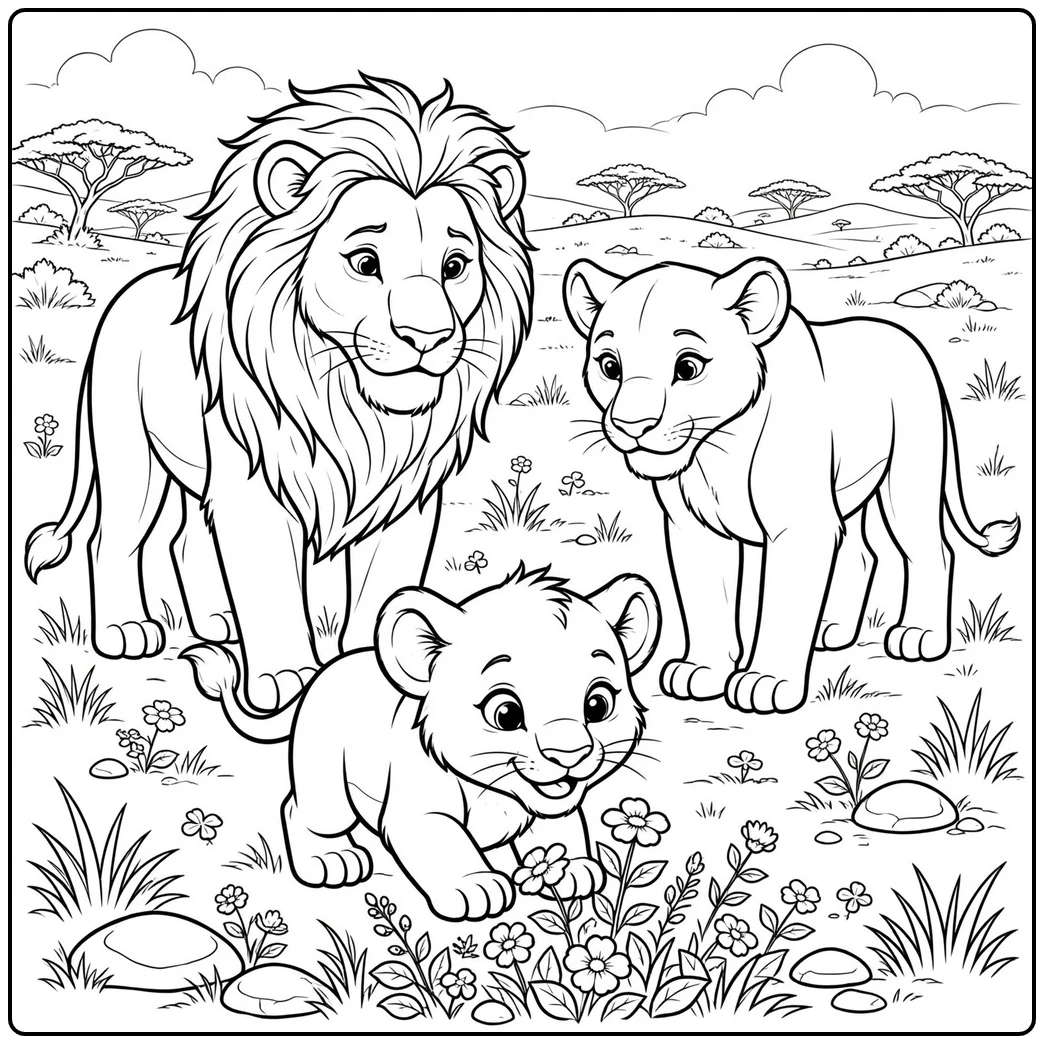 Male lion, lioness, and cub explore flowers together in a lion family coloring page