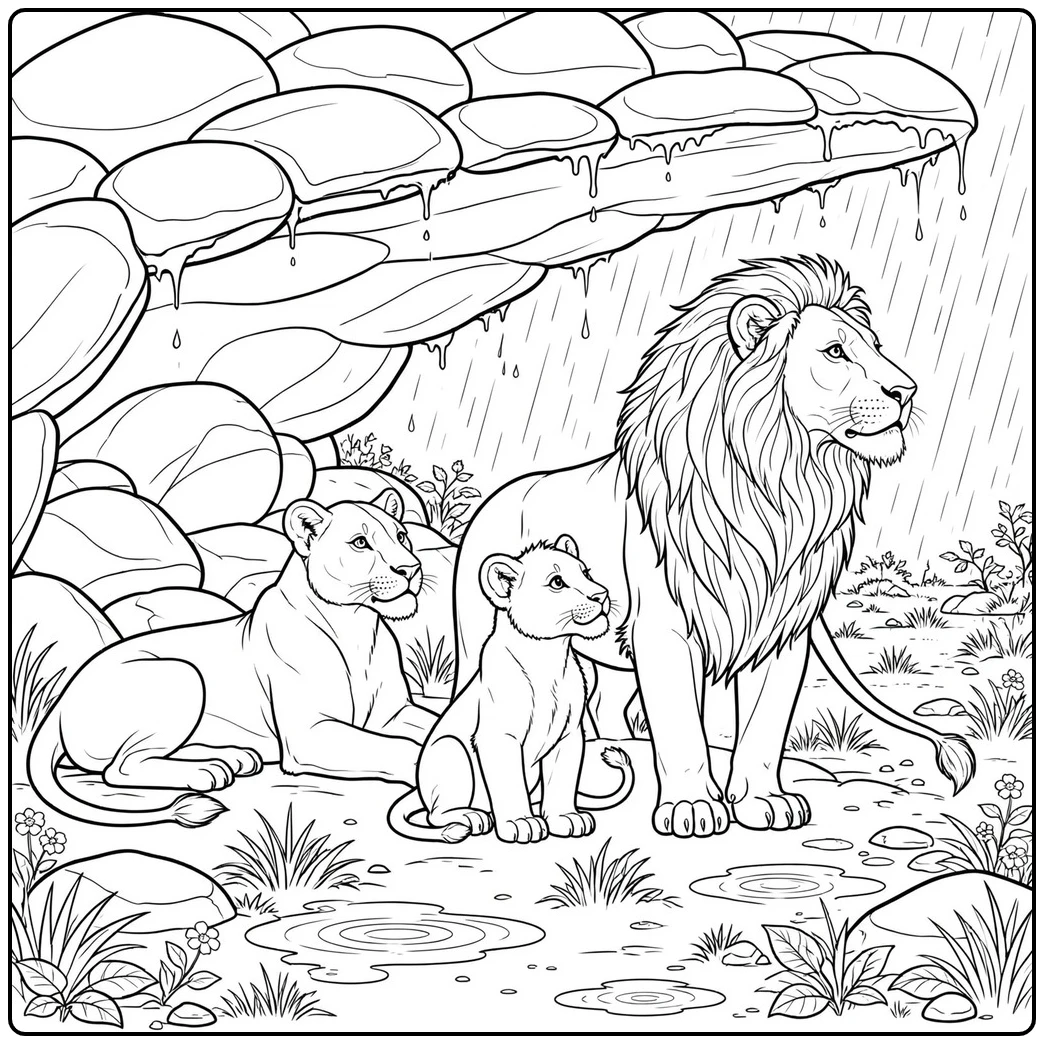 Lion family shelters beneath a rocky overhang during rain in a lion coloring page