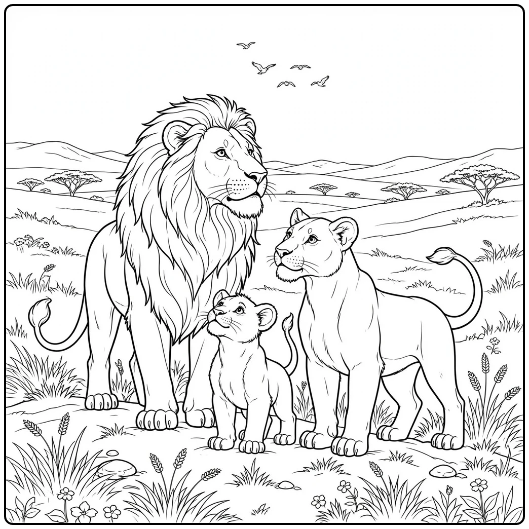 Lion family watches distant birds together across an open savanna landscape