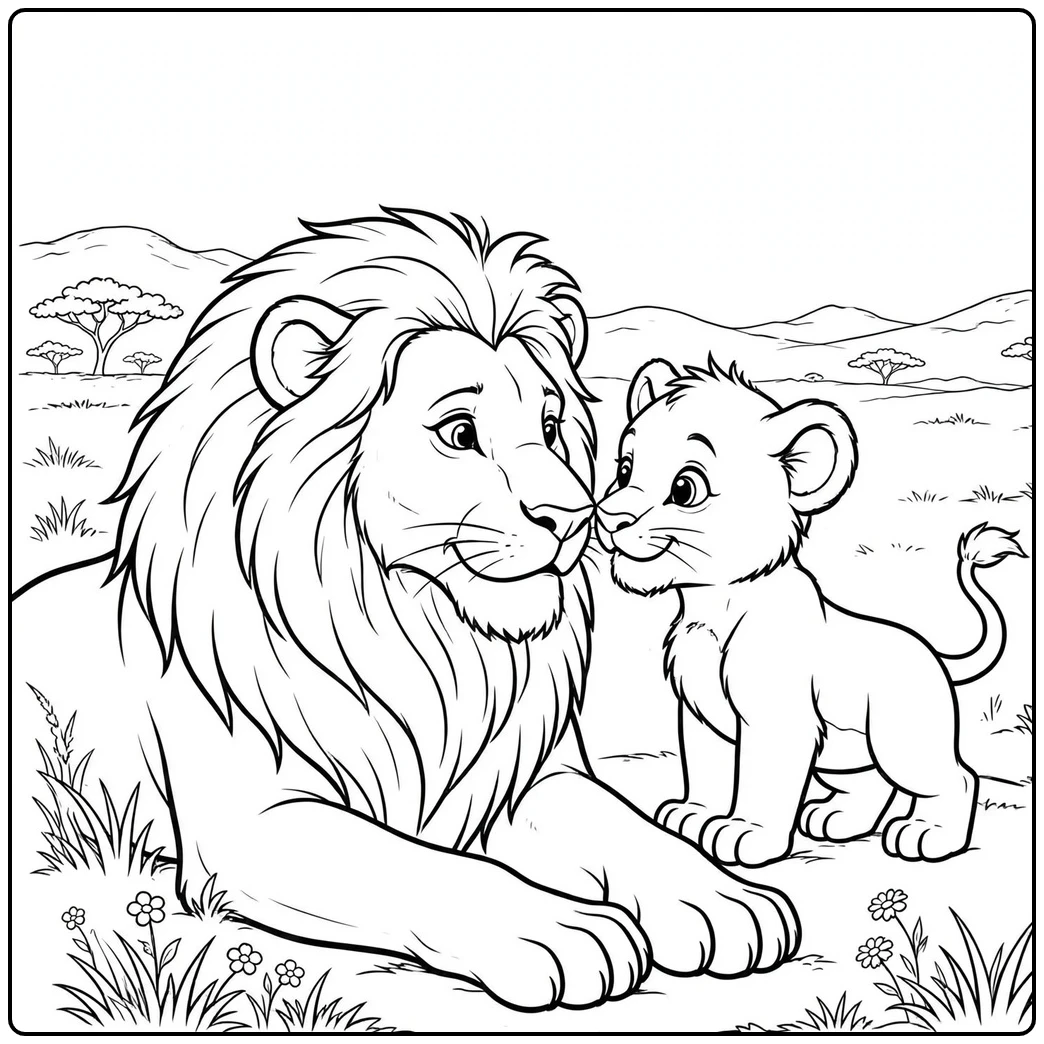 Male lion lies in the grass as a curious cub gently touches noses with him