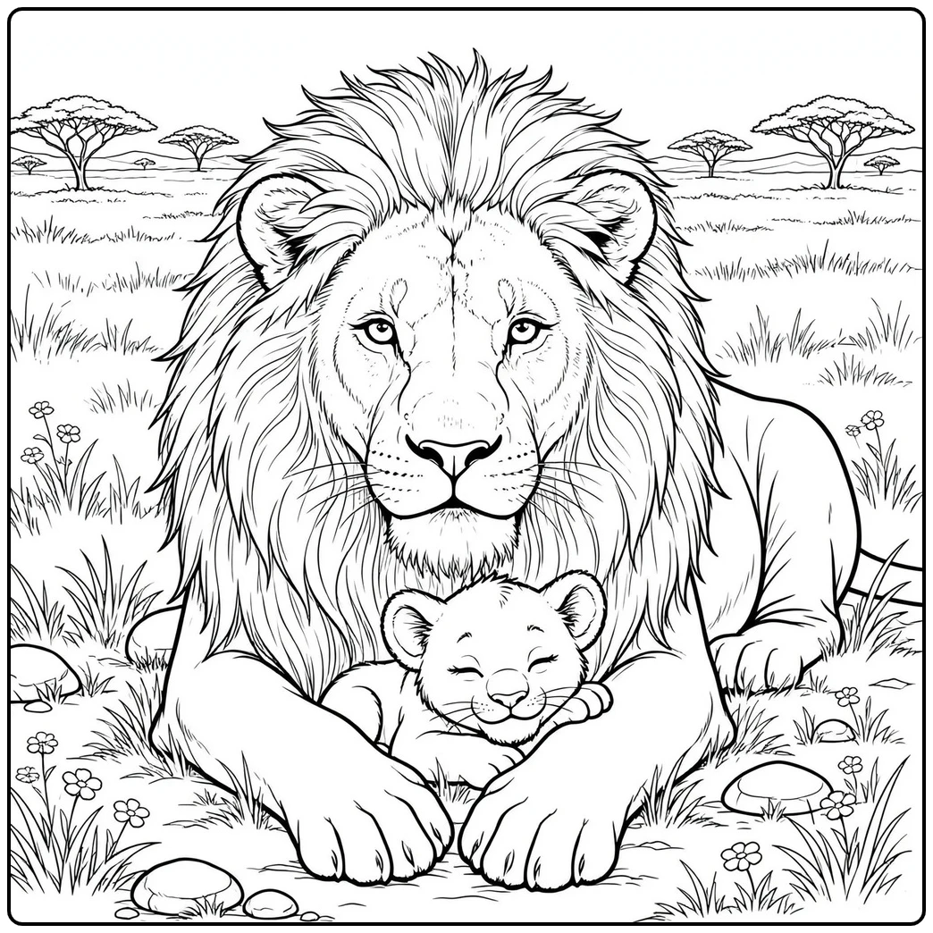 Male lion shelters a sleeping cub between his paws in a realistic lion family coloring page