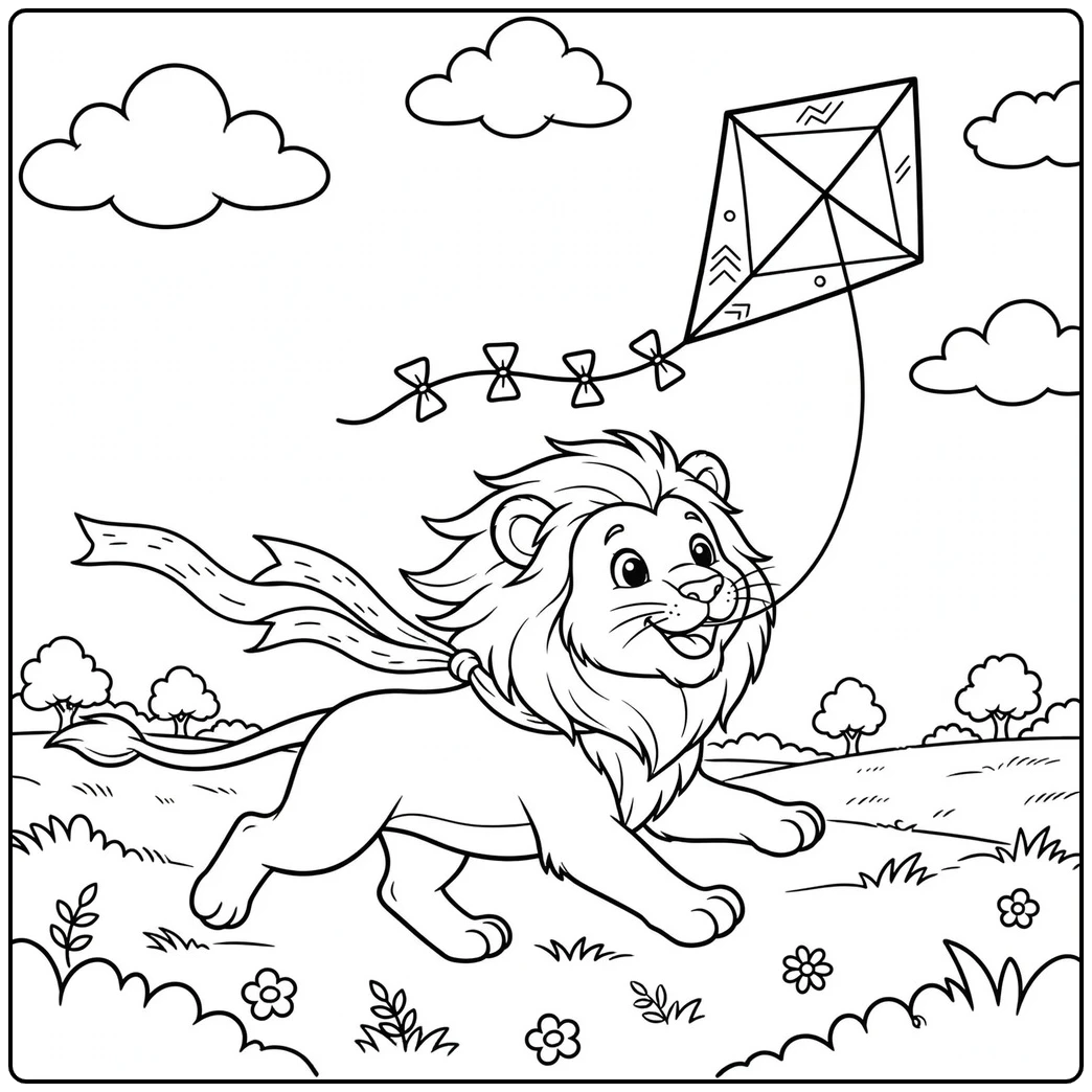 Running lion flies a kite in a cute lion coloring page with a scarf trailing behind