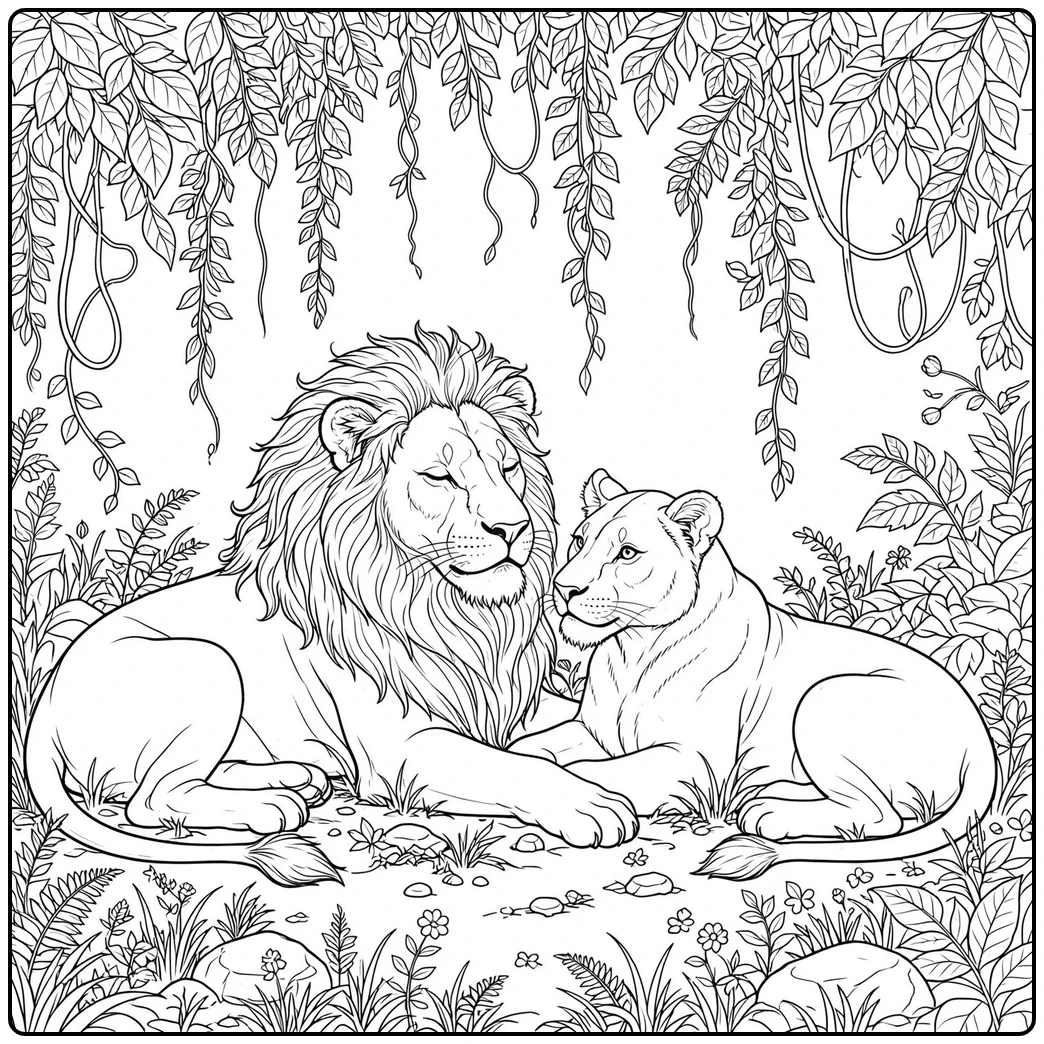 Male lion and lioness rest together beneath hanging vines and leafy plants