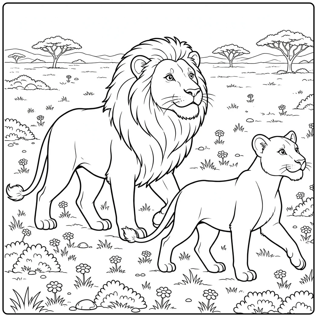 Male lion and lioness move through a flowered savanna with acacia trees