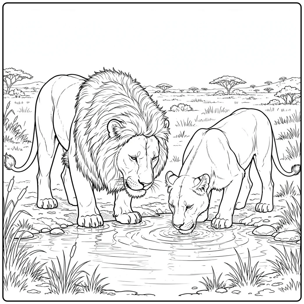Male lion and lioness drinking together in a realistic lion coloring page