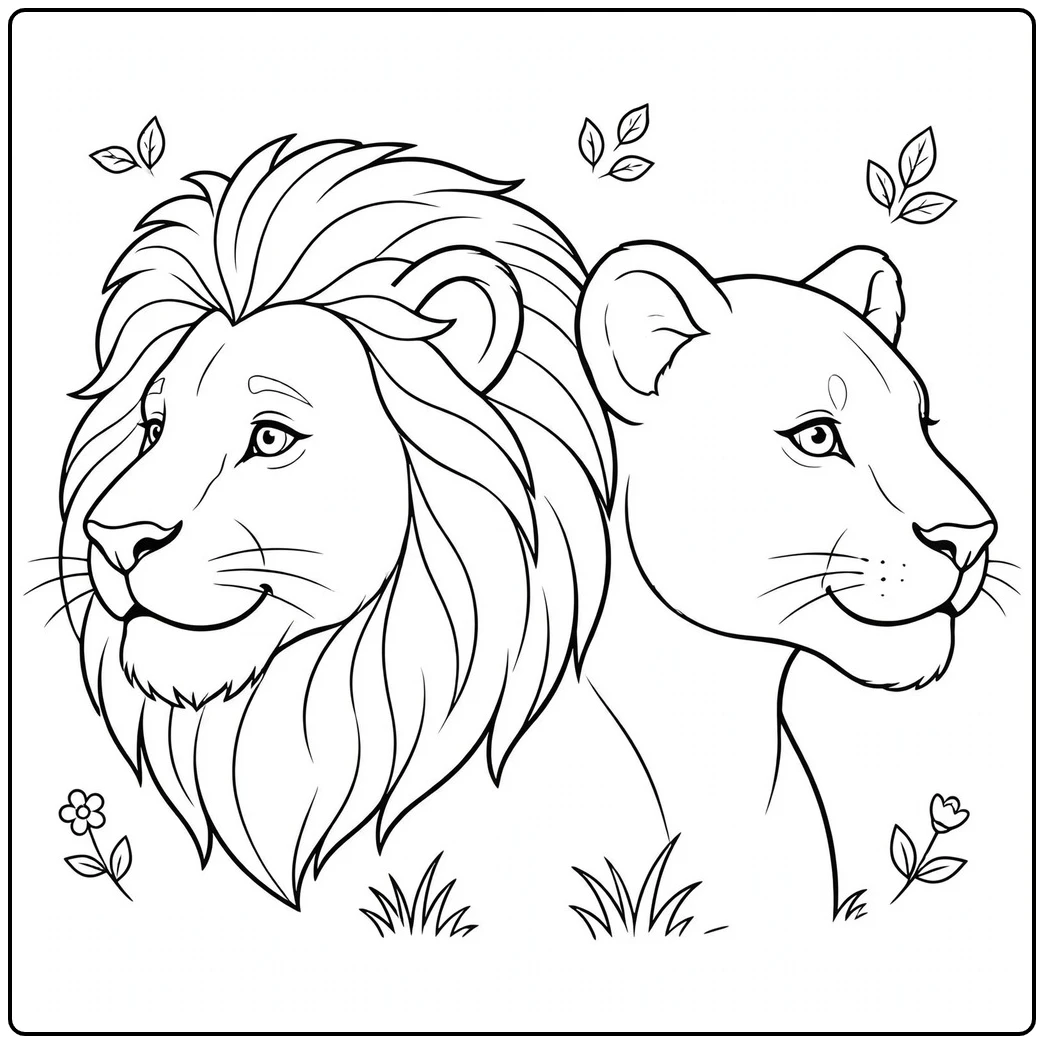 Male lion and lioness turn opposite ways with calm, friendly expressions