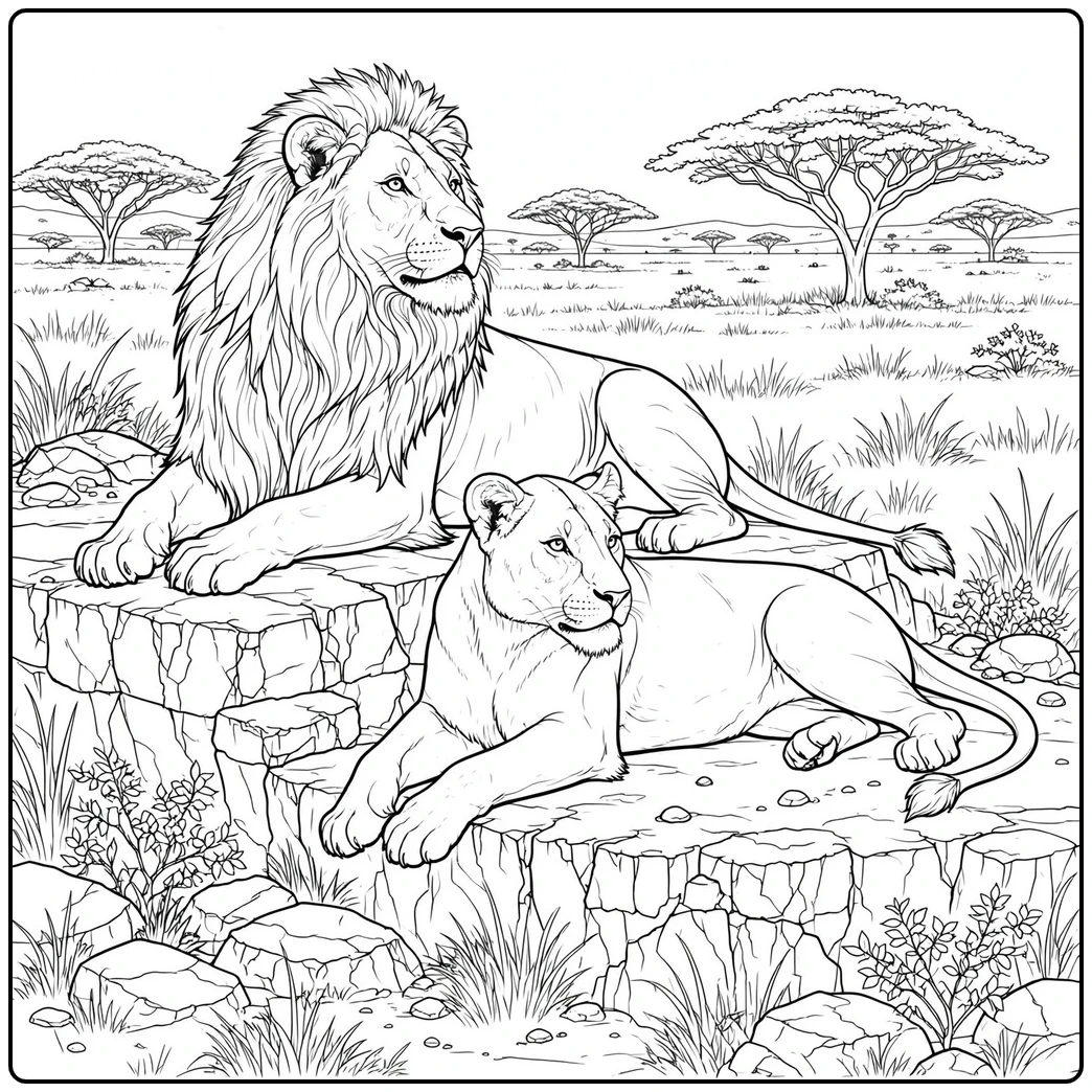 Male and female lions resting on layered rocks in a realistic lion coloring page for adults