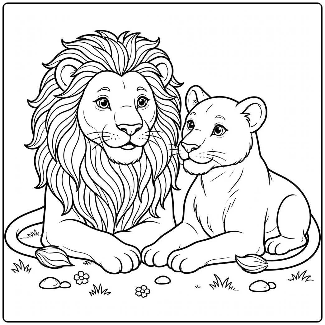 Male lion and lioness rest closely together with relaxed faces on open grass