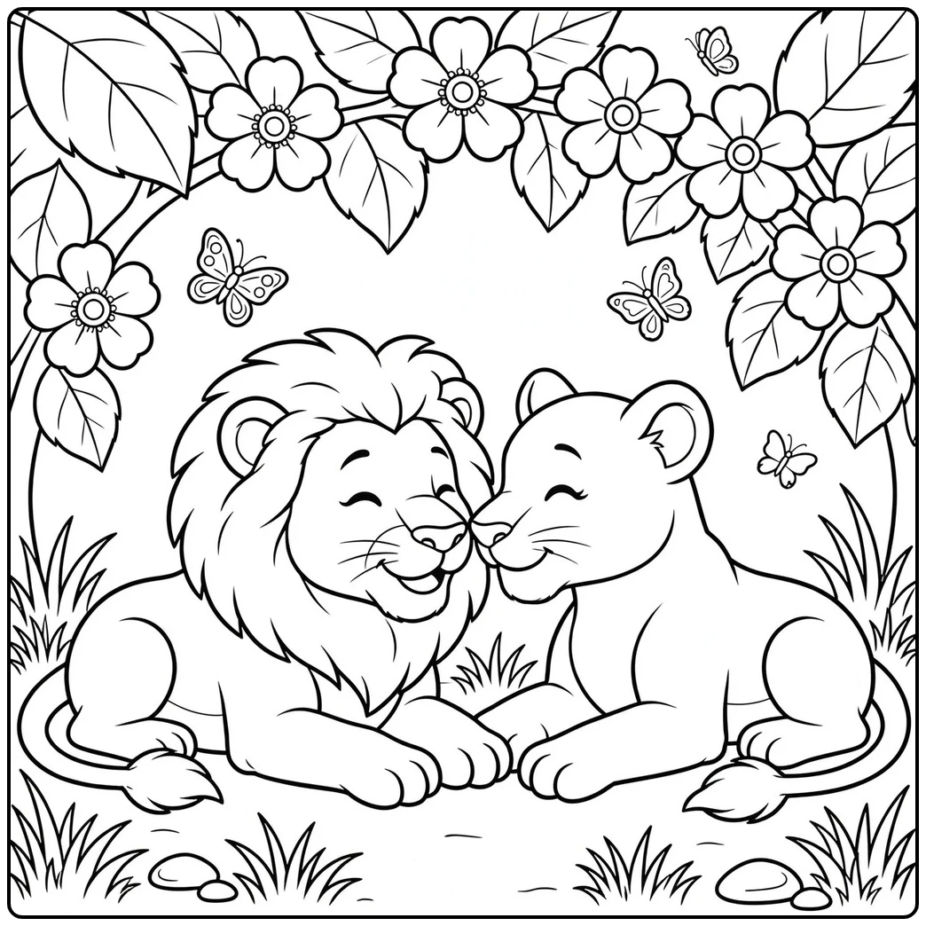 Male lion and lioness touch noses beneath flowers in a gentle affectionate scene