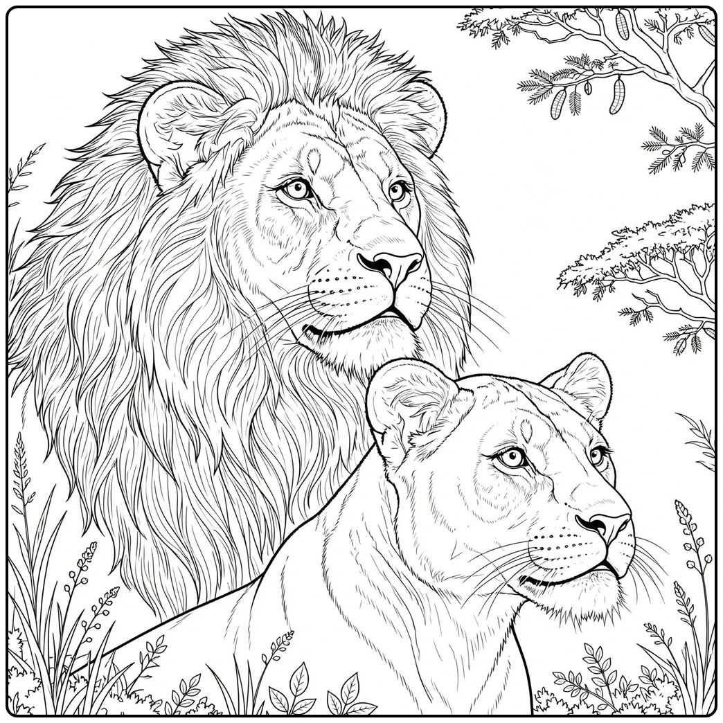 Realistic male lion and lioness watch the same direction among savanna plants